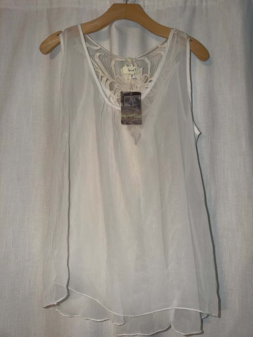 Love J White Sheer Sleeveless Tank Top with Lace Back Detail Size XL